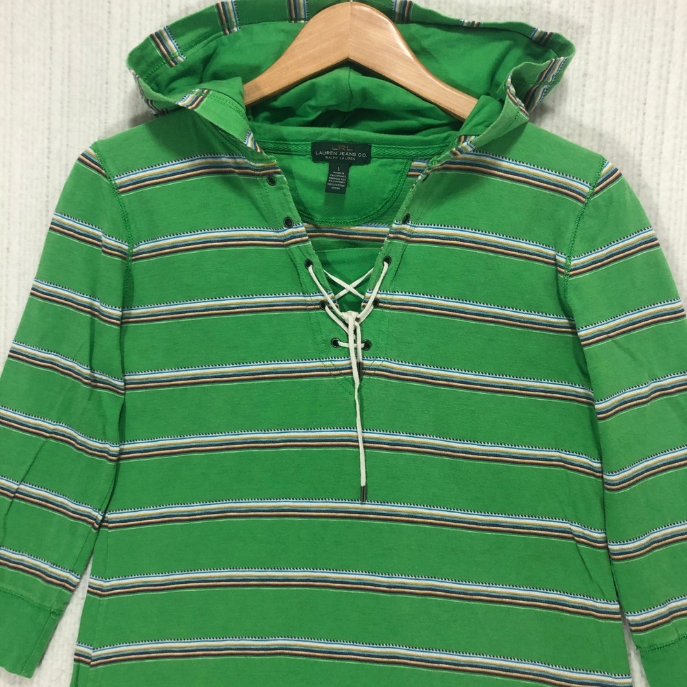 Lauren Jeans Co Ralph Lauren Green Striped Lace Up Hoodie 3/4 Sleeve Large